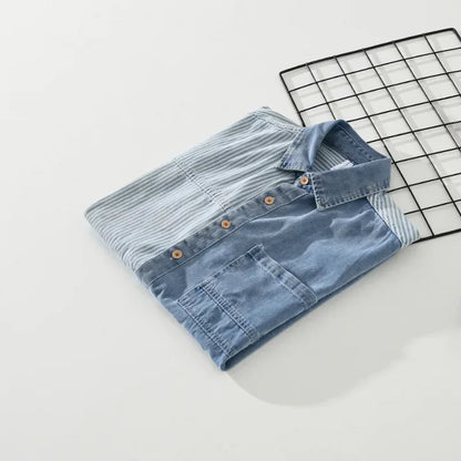 Summer New Short Sleeve Denim Shirt Men High Street Jean Tops Stripe Patchwork Designer Shirts Youth Korean Fashion Men Clothing