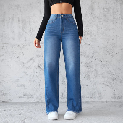 Street Sle High Waist Wide Leg Straight Jeans Women's No Stretch Denim Pants Casual Faion Pure Color Long Trousers