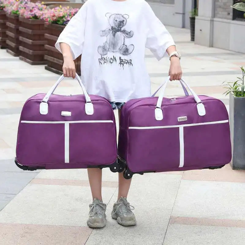 Large Capaci Travel Bag Women's Lightweight Pull Bag Portable ort Trip Hand Lage Bag with Wheels Faionable Ox Cloth