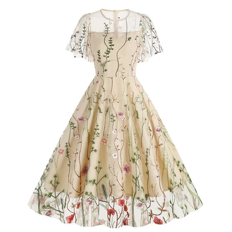Women Fashion Embroidered Short Sleeve Mesh Dress Summer Bohemian Floral A-Line Flowy Dress Cocktail Party Dresses Vestidos