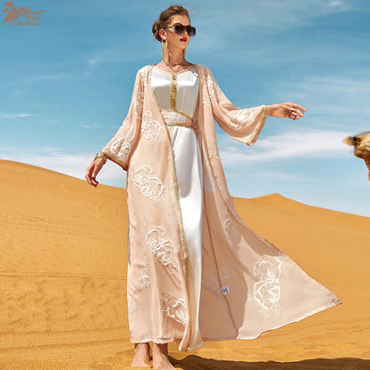 Ramadan Abaya Dubai Embroidery Formal Long Dress for Women 2 Piece Suit Arabic Kimono Suit Female Islam Dresses Caftan Marocain