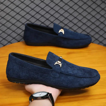 Spring Summer Blue Suede Loafers Men Slip On Soft Moccasins Breathable Flats Driving Shoes Men Leather Casual Shoes Handmade