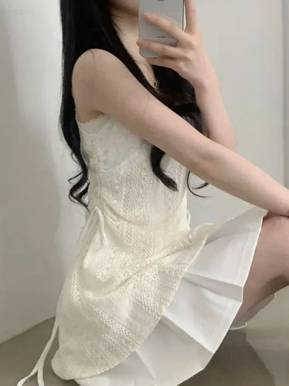 Summer Dress Women Chic French Lace Stitching Sling Shirt Stacked Gauze Knitted  Overskirt Inner Wear Base Short