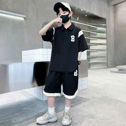 Boys Summer Clothing Set 2025 New Casual Cotton Turn Down Collar Polo Shirt & Shorts Two Piece Suit Teenage Clothes Tracksuit