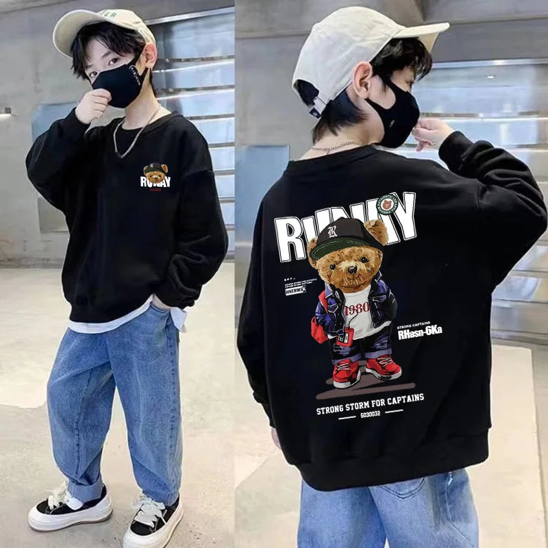 Boys Cartoon Bear Sweatshirts Loose Sports Round Neck Tops New Spring Autumn Clothing Toddler Trendy Printed Long-sleeved Hoodie