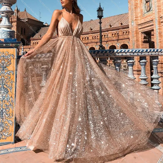 Sexy Deep-V Neck Backless Sequined Evening Dresses Fashion Spaghetti Straps High Slit A-Line Dress Formal Evening Party Robe