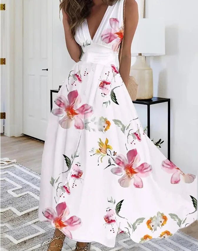 Summer Women Dress Fashion Sexy V-Neck Sleeveless Higt Waist Long Dresses Elegant Office Printing Holiday Party Dress Vestidos