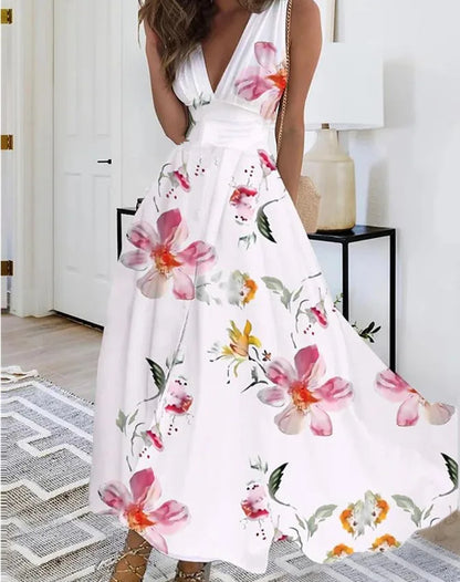 Summer Women Dress Fashion Sexy V-Neck Sleeveless Higt Waist Long Dresses Elegant Office Printing Holiday Party Dress Vestidos