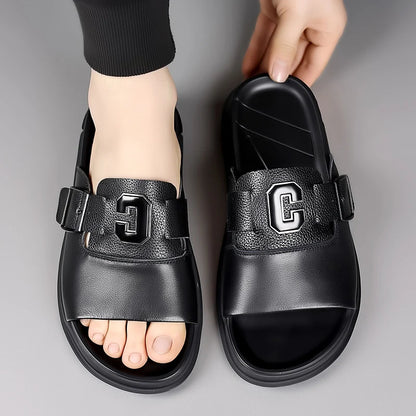 Men's Genuine Leather Non-Slip Breathable Slippers  Male Simple Soft-Soled Beach Shoes Outdoor Comfortable Walking Roman Sandals
