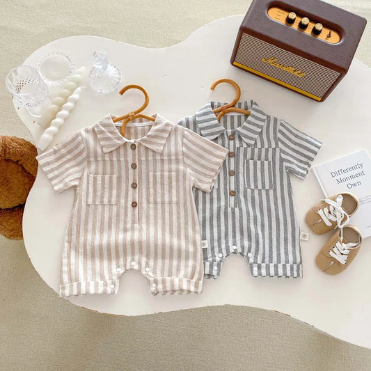Baby Boys Rompers Striped Jumpsuits Turn Down Collar Toddler Boys Summer Clothing
