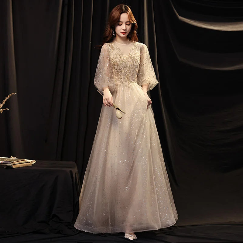 Champagne Color Evening Gown Women's 2026 New Banquet Host Luxury Small ence High-end Birthday Adult Ceremony Princ Skirt