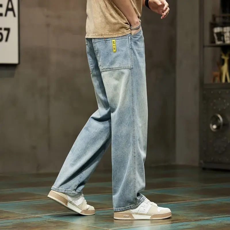 American Vintage Hip Hop High Street Summer Jeans Men's Solid Button Zipper Pockets Fashion Casual Loose Cowboy Straight Pants