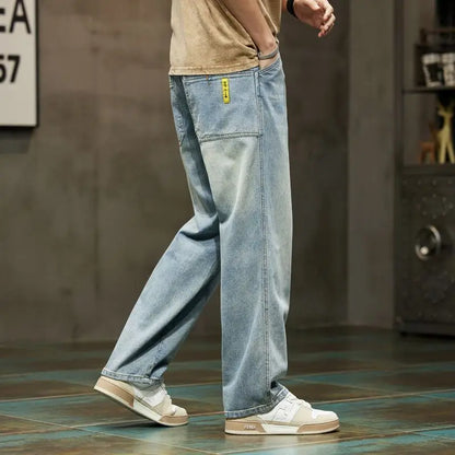 American Vintage Hip Hop High Street Summer Jeans Men's Solid Button Zipper Pockets Fashion Casual Loose Cowboy Straight Pants