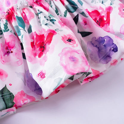 Summer Girls New Flying Sleeve Dress Floral Print Skirt Fashionable Versatile Square Neck Dress