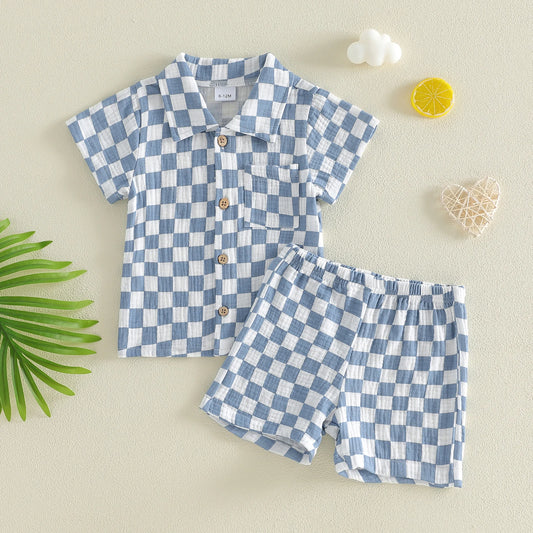 Toddler Baby Boys Summer Outfit Fashionable Plaid Short Sleeve Lapel Shirt with Shorts 2Pcs Set
