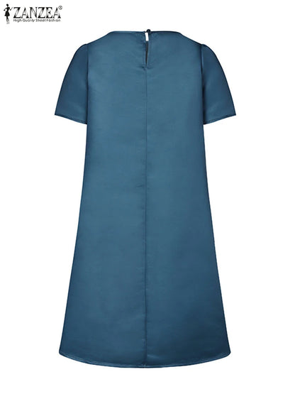 ZANZEA Korean Fashion Women A-line Robe Elegant Satin O Neck Short Sleeve Knee-length Dress Floral Printed Casual Party Vestidos