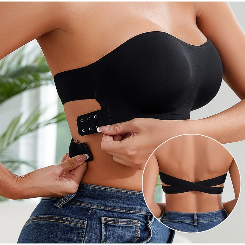 Women's Sexy Strapless Wavy Trim Bandeau Bra Seamless Backless With Side Clasp Ice Silk Top Women Anti-slip Off-shoulder Bra