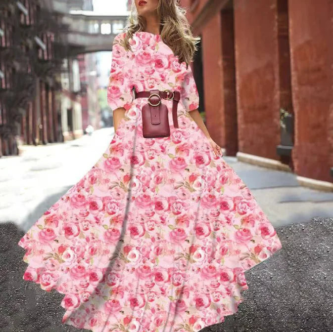 Spring Summer Vintage Flower Floral Print Maxi Dress Office Lady Fashion Elegant Long Sleeve O-neck Dresses For Women 2024
