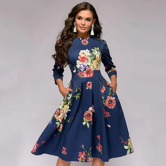 Retro Floral Print A- Line Dress Midi Length Three-Quarter Sleeve round Neck Party Dress Sweet Fresh Style Urban Fashion