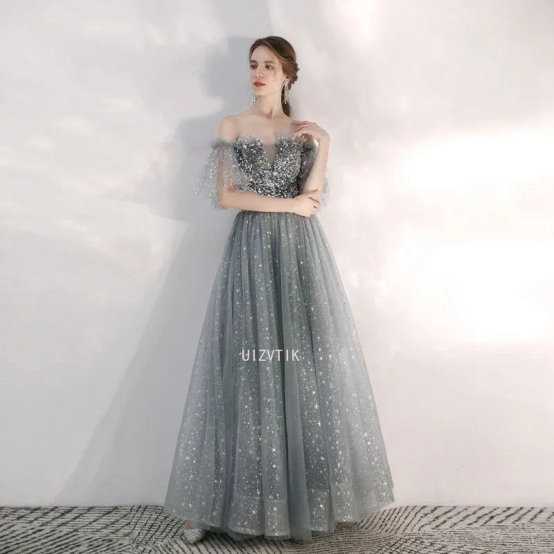Sexy Off-Shoulder Evening Gowns New Silver Gray Evening Gowns Maix Shiny Dress Party Dresses Women Evening Vestidos De Fiesta