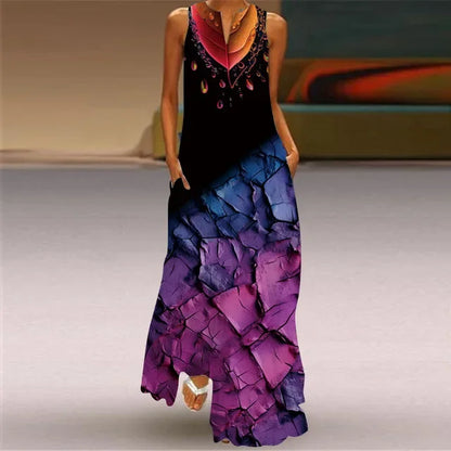 Summer Women's Artistic Retro Sleeveless V-neck Pullover Print Sexy Dress Long Skirt Women's Loose Waist Oversized Swing Skirt