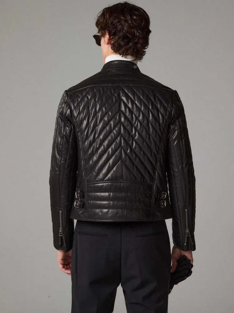 Male Genuine Leather Jacket Stand Collar Autumn Winter Zipper Slim Fit Cotton Padded Real Sheepskin Motorcycle Biker Style Coat