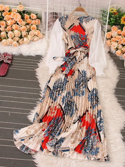 Sweet Style Long Dresse For Women Print Patchwork Pleated Long-sleeve High Waist Dresses Spring Summer New