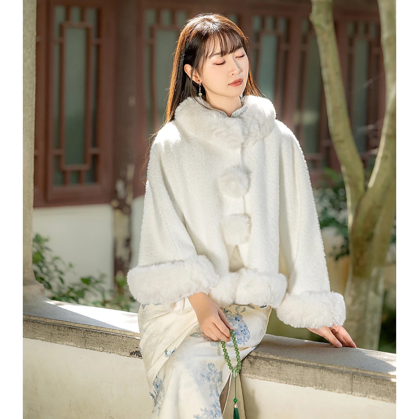 Winter Thiened Fce Lined Young Sle Improved  Chinese Cerc Blue Floral Print Daily Wear Warm Long Sve Dr