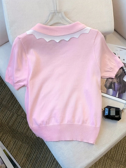 Elegant Short Sleeve Sweater with Lace Up Contrast Trim - Women's Clothing