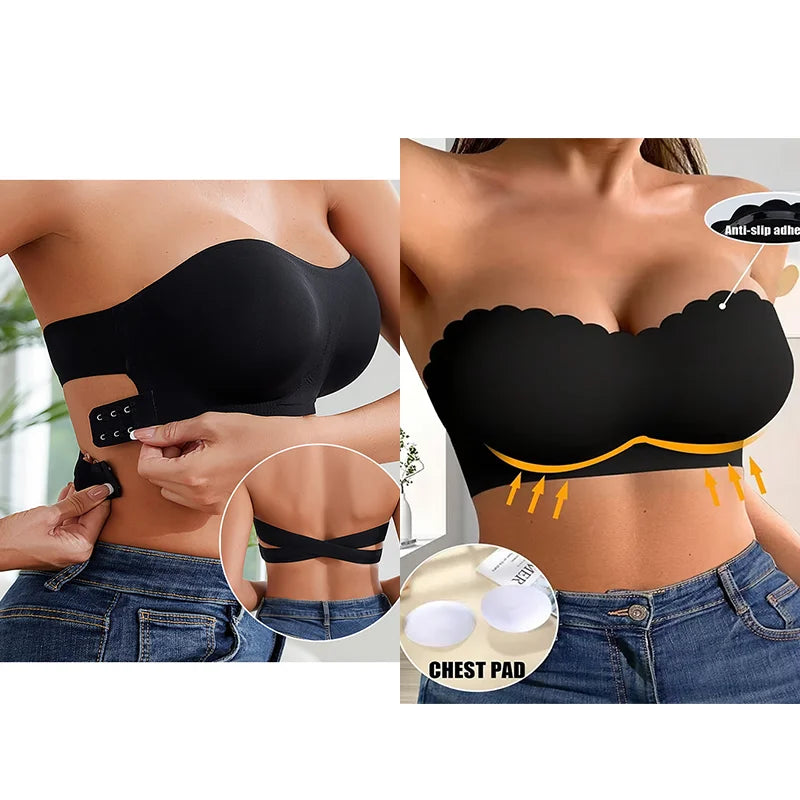 Women's Sexy Strapless Wavy Trim Bandeau Bra Seamless Backless With Side Clasp Ice Silk Top Women Anti-slip Off-shoulder Bra