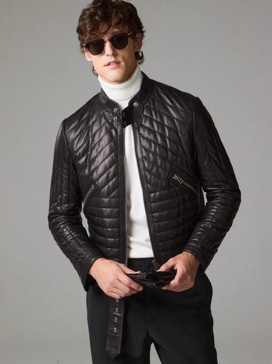 Male Genuine Leather Jacket Stand Collar Autumn Winter Zipper Slim Fit Cotton Padded Real Sheepskin Motorcycle Biker Style Coat