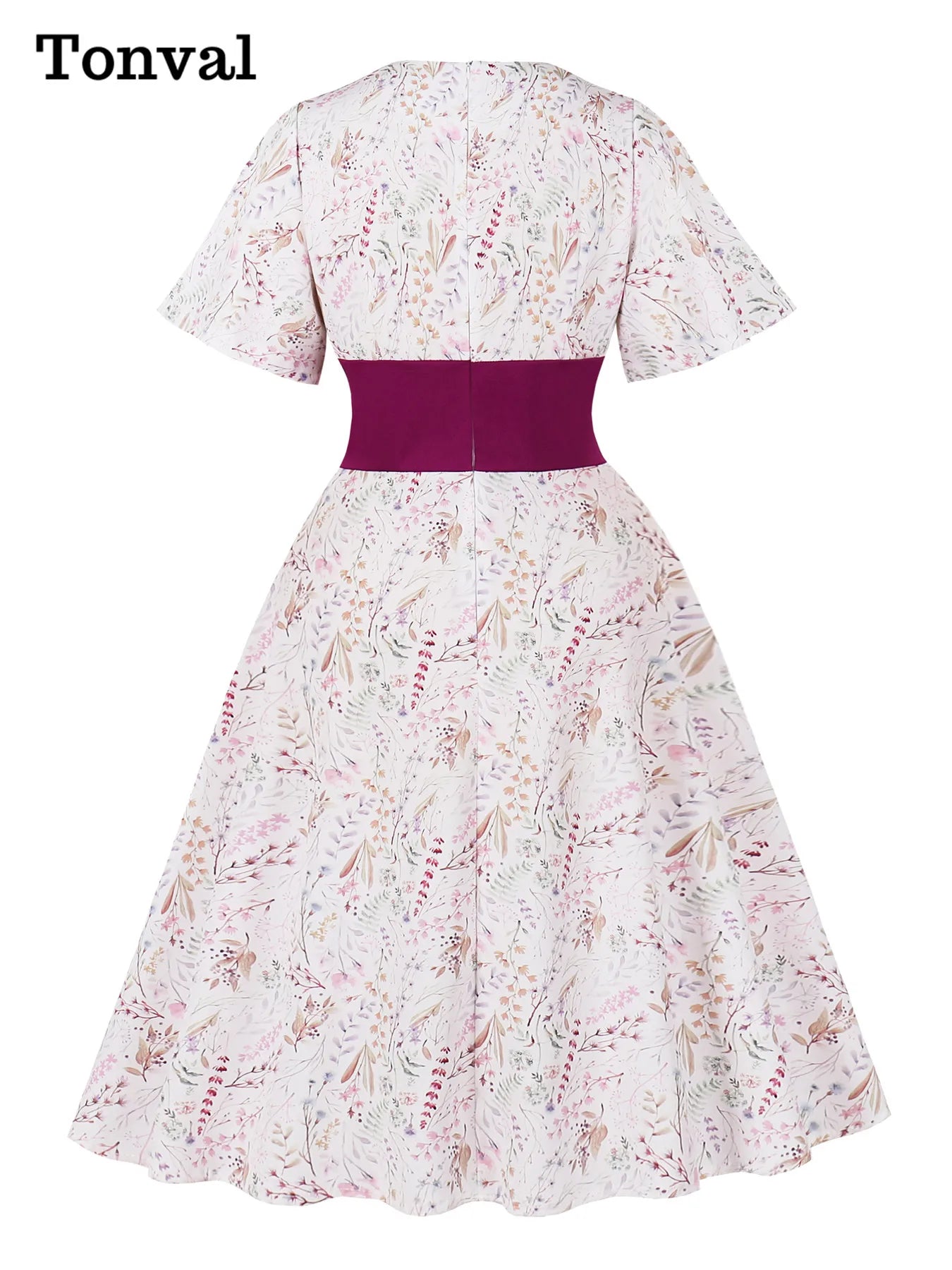 Tonval V-Neck Floral Contrast Purple High Waist Summer Dresses Holiday Women Flare Sleeve A-Line Party Birthday Beach Dress