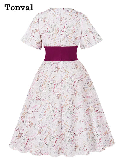 Tonval V-Neck Floral Contrast Purple High Waist Summer Dresses Holiday Women Flare Sleeve A-Line Party Birthday Beach Dress