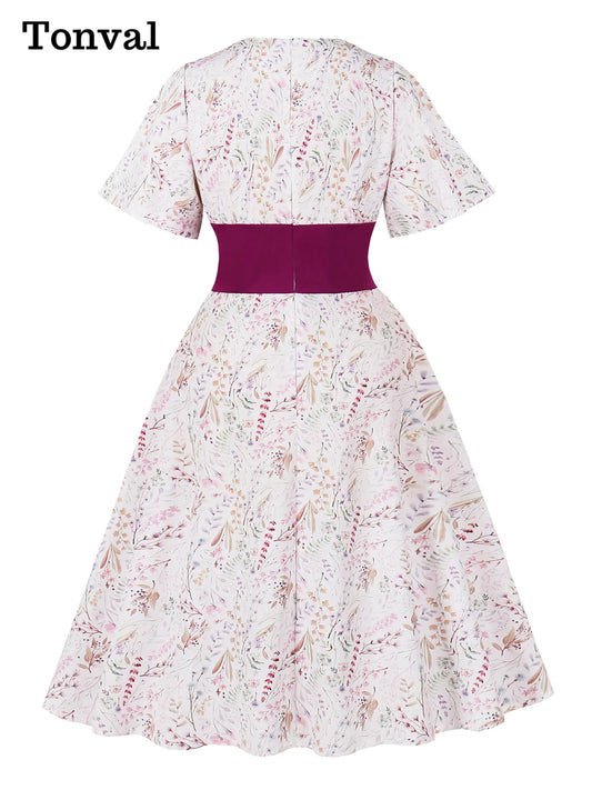 Tonval V-Neck Floral Contrast Purple High Waist Summer Dresses Holiday Women Flare Sleeve A-Line Party Birthday Beach Dress