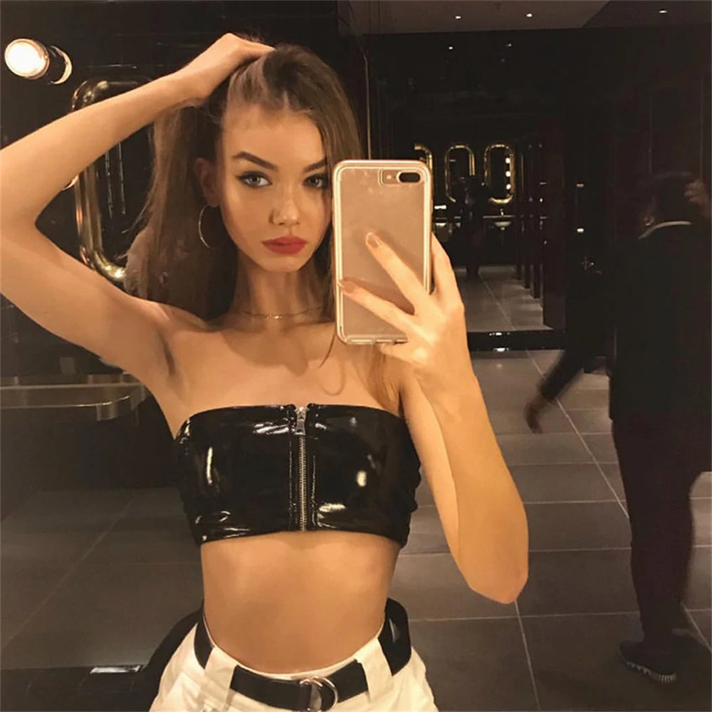 Women's Sexy Pu Crop Vest Black Leather PVC Shiny Zipper Navel Bandeau Bra Tube Bandage Bralet Crop Tank Top Bralette Bustier