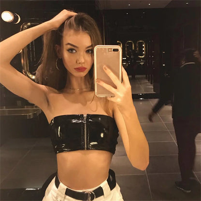 Women's Sexy Pu Crop Vest Black Leather PVC Shiny Zipper Navel Bandeau Bra Tube Bandage Bralet Crop Tank Top Bralette Bustier