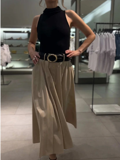 Women's New Fashion With Belt Slim Single breasted Splicing Stand Collar Midi Dress Retro Sleeveless Women's Dress