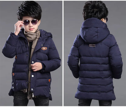 5-14 Years Big Boys Jacket Winter Thicken Warm Teenager Kids Jacket Fashion Long Style Zipper Hooded Children Outerwear Clothing