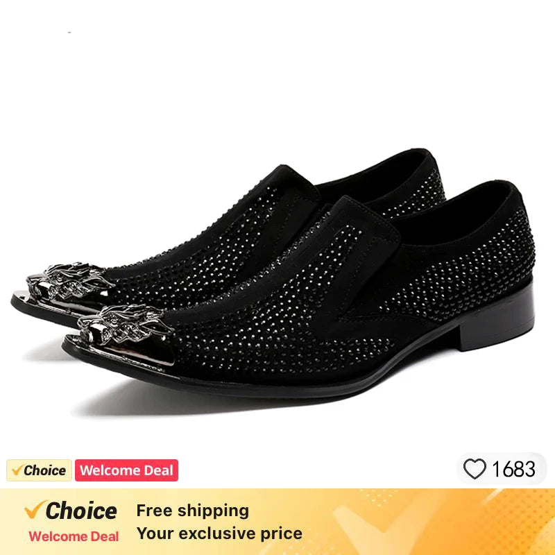 luxury mens shoes Stick diamond red  metal pointed party wedding Dress shoes man