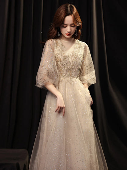 Champagne Color Evening Gown Women's 2026 New Banquet Host Luxury Small ence High-end Birthday Adult Ceremony Princ Skirt