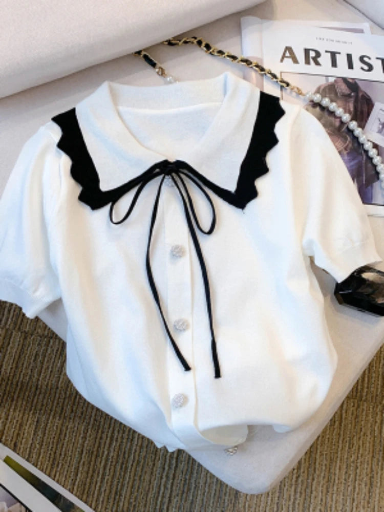 Elegant Short Sleeve Sweater with Lace Up Contrast Trim - Women's Clothing