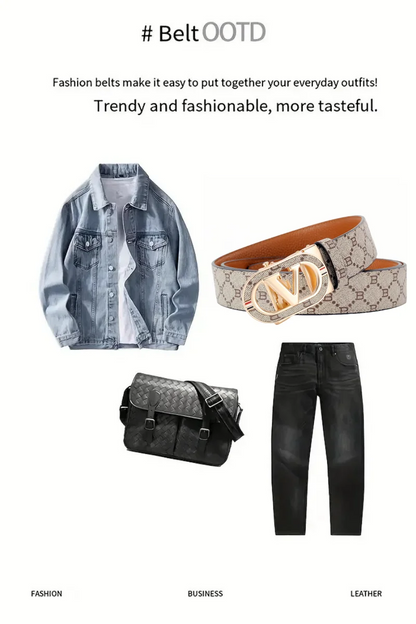 New Big "V" Automatic Buckle Men Belt, Fashionable Letter Buckle Waist Belt, Business Casual Leather Belt,Genuine Suit Belt