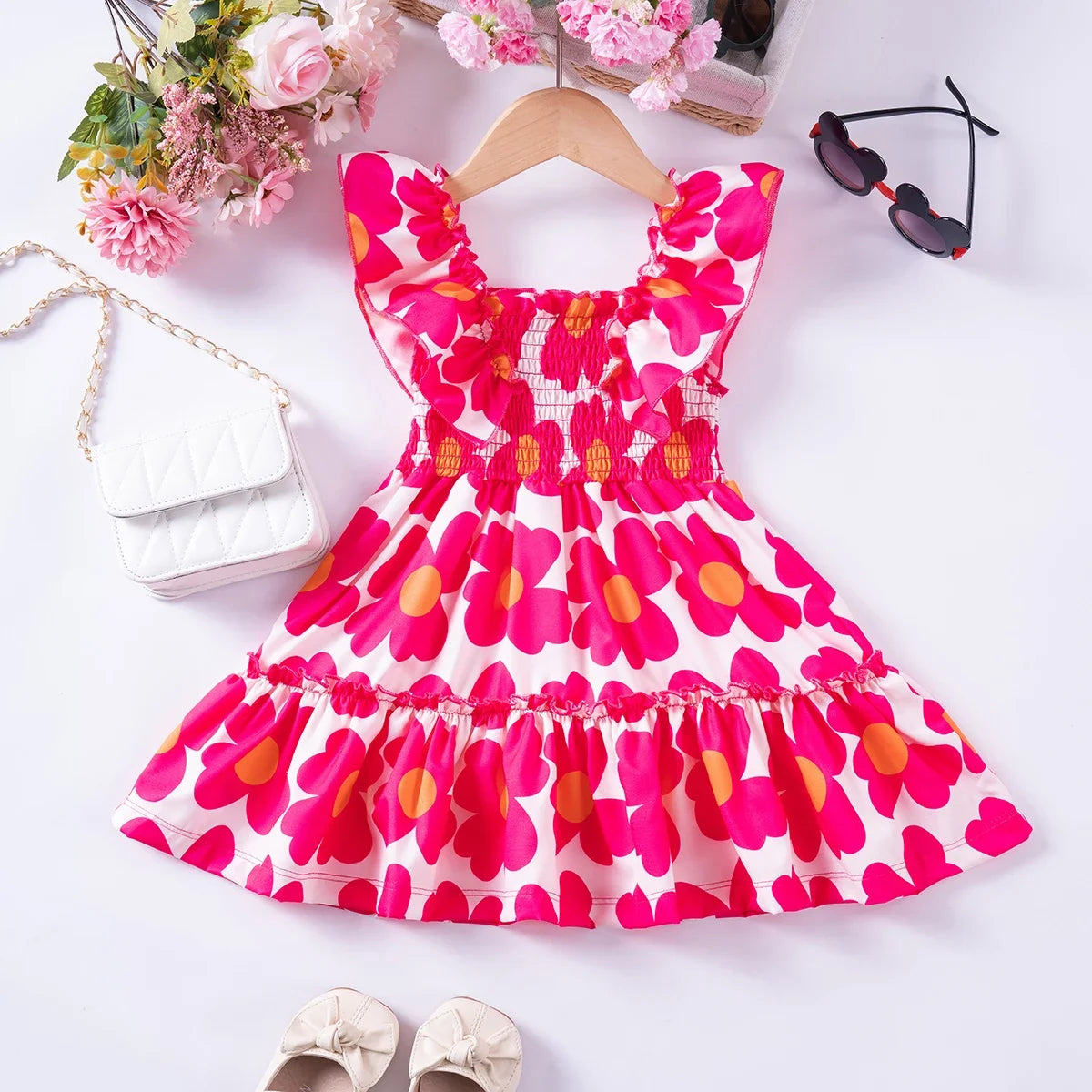 Summer Girls New Flying Sleeve Dress Floral Print Skirt Fashionable Versatile Square Neck Dress