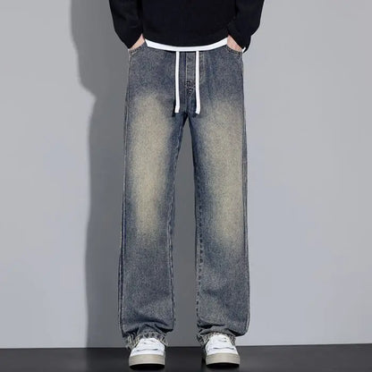 Elastic Loose Straight Jeans Men's Wide Legged Denim Pants Casual Trousers Korean Style Sportswear Clothing Jeans Men Pants