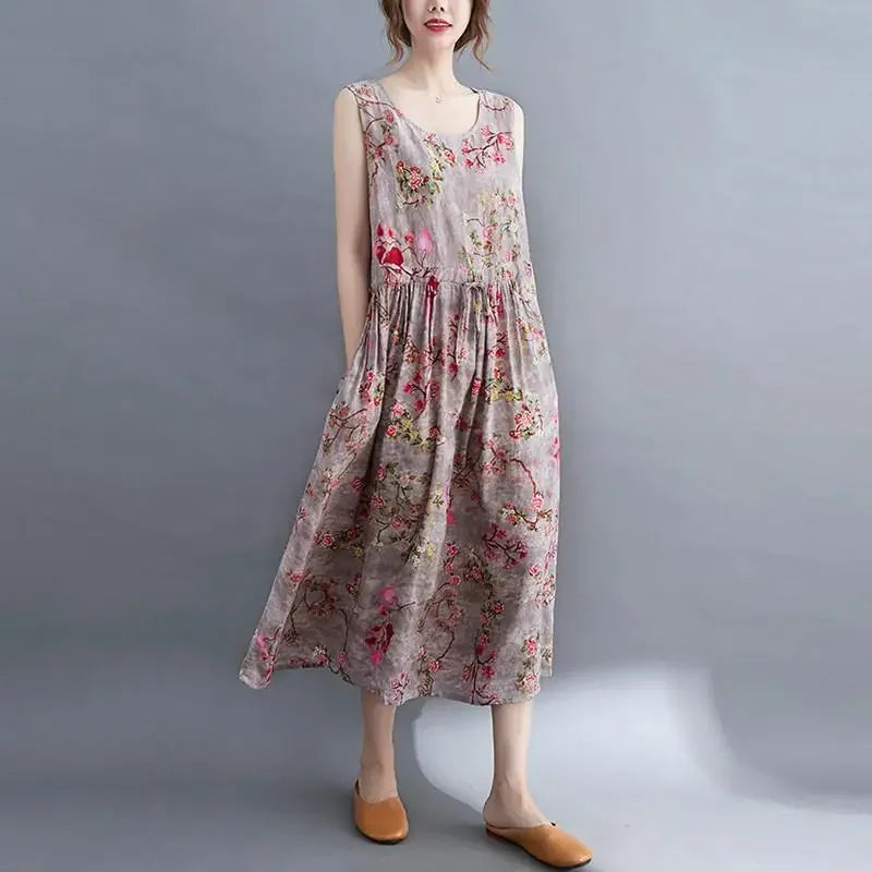Women Summer Sleeveless Casual Dress New Arrival Vintage Style Floral Print Loose Cotton Linen Female Long Dresses V1069