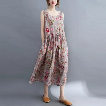 Women Summer Sleeveless Casual Dress New Arrival Vintage Style Floral Print Loose Cotton Linen Female Long Dresses V1069