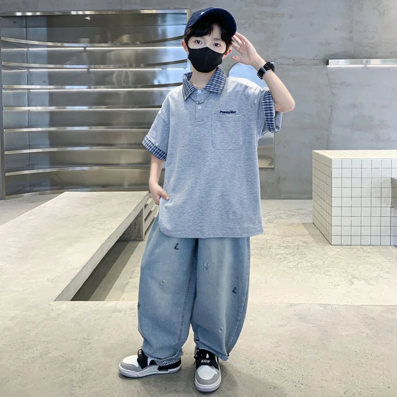 Boys Summer Clothing Set Children Short-Sleeve Polo Shirt Top+ Denim Pants Two-Piece Set 2025 New