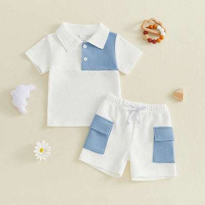 Toddler Baby Boy Summer Outfit Contrast Short Sleeve Collared Shirts Cargo Shorts 2 Piece Boys Waffle Clothing Set