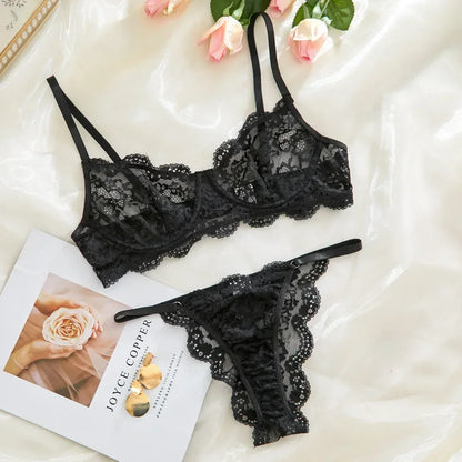 Sexy Strap Lace Perspective Fun Lingerie Set Women's Sweet Floral Lace Decor Bra and Panty Set Female French Style Intimates Set