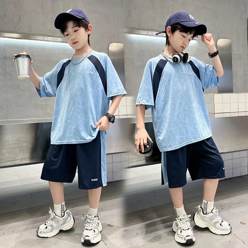 Boys Clothes Sets Summer Kids Sport Short Sleeve T-shirt + Shorts 2 Pieces Suit Teenage Child Outfits For 5 6 8 10 12 14 Years